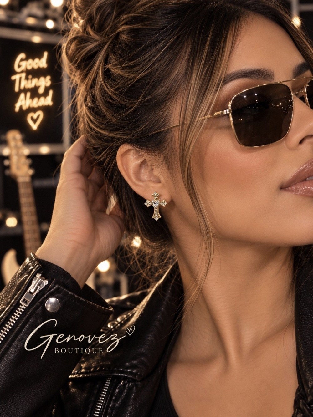 Gold Plated Cross Crystal Stud Earrings - Women